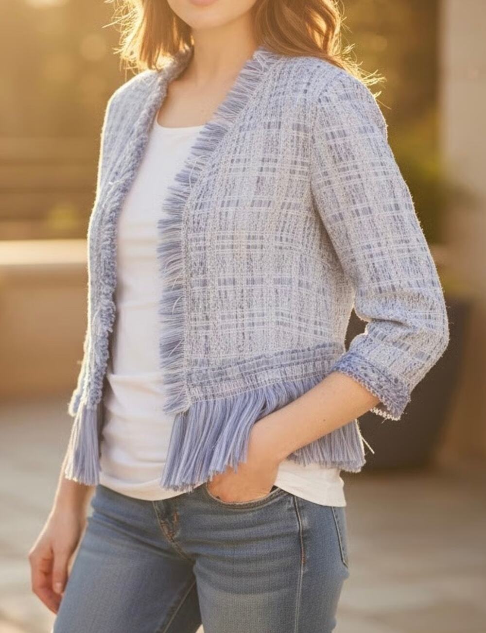 White House Black Market Light Blue Tweed Cardigan Sweater Jacket Size M
